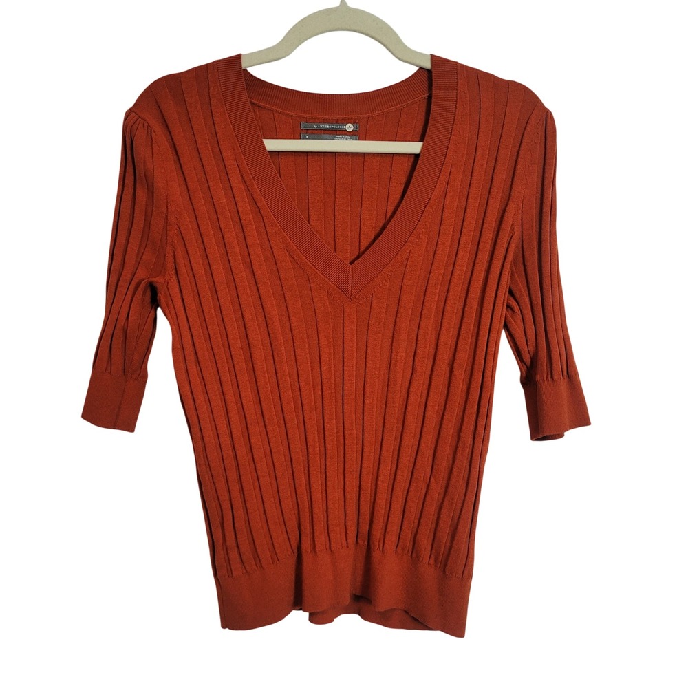 Anthropologie Rust Orange Ribbed V-Neck Elbow Sleeve Sweater Top Small